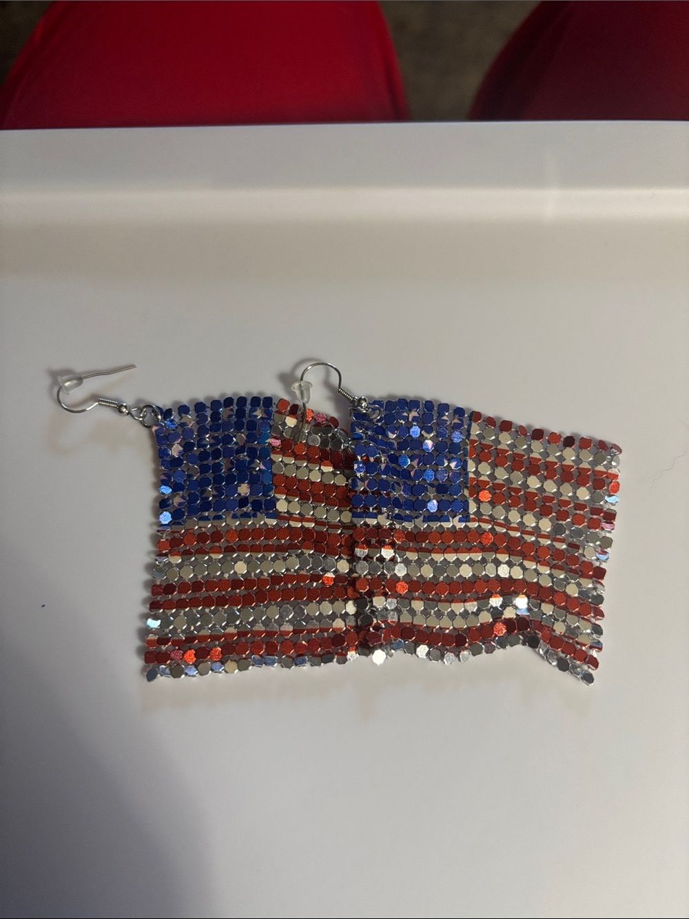 Patriotic Sequin American Flag Dangle Earrings - Silver Red Blue